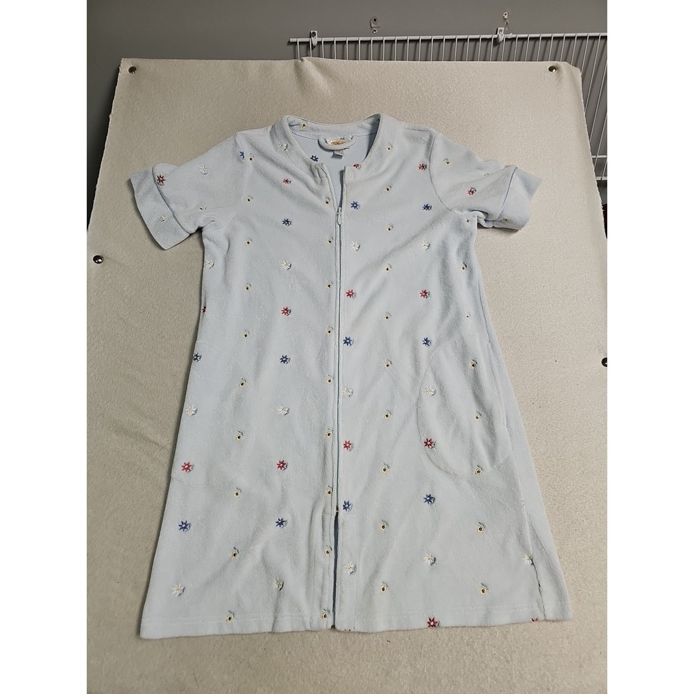 Talbot Intimate Light Blue Zip Front Embroidered Floral Robe Short Sleeve Pocket